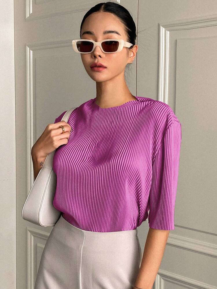 Women's Solid Color Pleated Short Sleeve T-Shirt