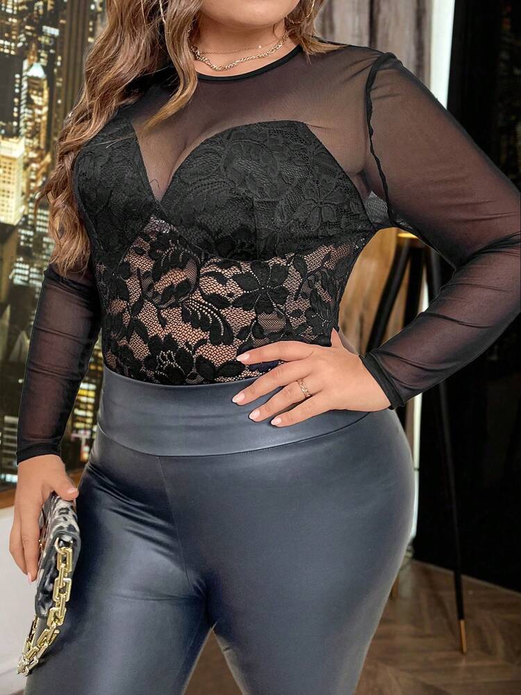 Plus Size Sheer Mesh Top With Lace Patchwork Fall Cloth For Women