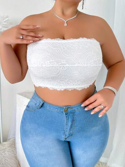 SHEIN Plus Size Strapless Contrast Lace Bra & Wireless Bra Lingerie