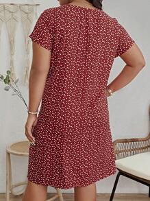 SHEIN VCAY Plus Size Printed Batwing Sleeve Dress, Perfect For Summer Vacation - Burgundy - View 2