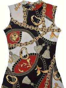 Elegant Sleeveless Bodycon Dress With Chain Printed Pattern Spring/Summer Wear - Multicolor - View 3