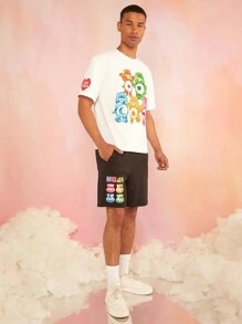 SHEIN X Care Bears Camiseta blanca de manga corta floja casual para hombre con estampado de oso Care Bear de patrón veraniego y divertido de dopamina - Blanco - Ver 5