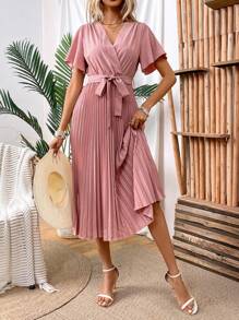 SHEIN Clasi 女性夏日假日風格百褶V領裙 - 粉色 - 查看 6