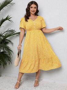 Calvaya Kích thước lớn NỮ Mùa hè Ngày lễ Phong cách In hoa Cổ chữ V Cánh hoa Ngắn tay Đầm - Màu vàng - Xem 6