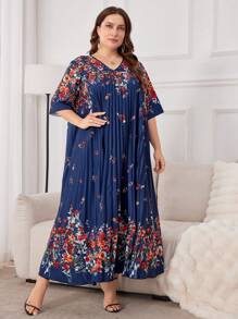 Seusyu Plus Size Women Floral Print Pleated V-Neck Loose Arab Dress - Multicolor - View 6