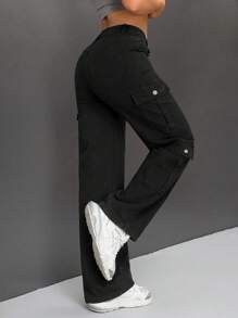 SHEIN PETITE Pantalones Vaqueros De Utilidad De Pierna Recta De Color Sólido - Negro - Ver 2