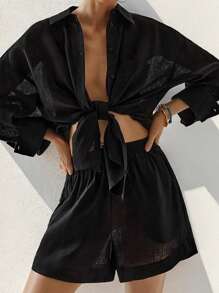 SHEIN EZwear Của phụ nữ mỏng Áo sơ mi 2 cái/bộ - màu đen - Xem 1