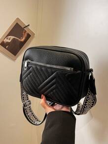 Solid Color Diamond Pattern Simple & Elegant Fashionable Shoulder Bag For School, Work, Leisure, Travel - Black - View 2