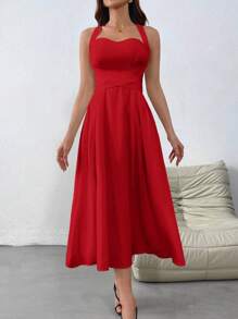 Firerie Vestido largo sin mangas con cuello halter cruzado francés para mujer - Rojo - Ver 5
