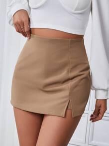 Firerie Short avec ourlet fendu de couleur unie pour femmes - Kaki - Voir 4