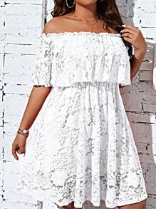 SHEIN Clasi Vestido de verano para mujer de talla grande con encaje, ribete de borlas y dobladillo con volantes, estilo de hombros descubiertos