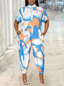 SHEIN LUNE Plus Size Women's Stand Collar Short Sleeve Jumpsuit With Geometric Print - Multicolor - View 4