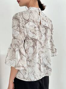 FRIFUL Women Summer Loose Blouse With All-Over Print And Hollow Out Sleeves Long Sleeve Top - Apricot - View 4