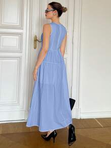 SHEIN Essnce Damen Sommer Schicht Ärmellos A-Linie Plissee Rundhals Flare Midi Kleid mit Taillenlinie