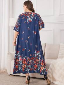 Seusyu Plus Size Women Floral Print Pleated V-Neck Loose Arab Dress - Multicolor - View 2