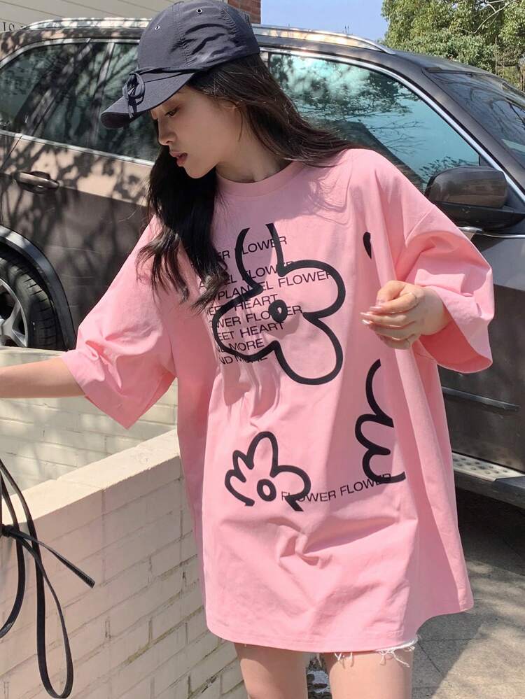 Summer Casual Loose Flower & Slogan Printed Drop Shoulder Short Sleeve T-Shirt Cute Tops Oversized T-Shirt,Graphic Tees Easter
