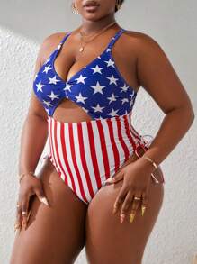 SHEIN Swim Curve Plus Size Summer Beach Americana Printed Drawstring Side Cutout Front One-Piece Swimsuit - Multicolor - View 3