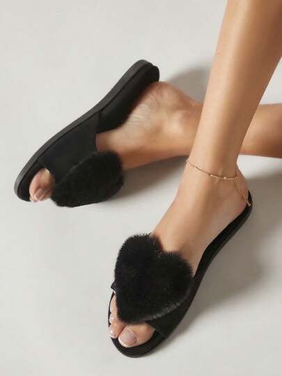 SHUZIA Women Heart Furry Decor Flat Sandals With Collar, Suitable For Daily Casual Wear