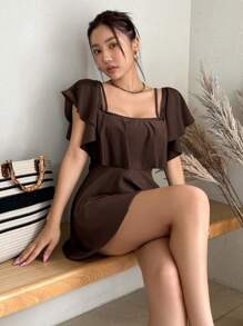 DAZY Women One-Piece Conservative And Elegant Vacation Hot Spring Swimsuit Summer,Ruffle