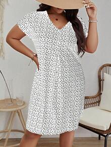 SHEIN VCAY Đầm nữ tay ngắn in họa tiết chấm bi thời trang cỡ lớn - trắng - Xem 5