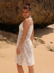 SHEIN Swim Summer Women Beach Vacation Solid Color Lace See-Through Cami Cover-Up