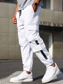 Manfinity Homme Pantalon cargo simple à blocs de couleurs pour homme grande taille, pantalon blanc de sortie pour porter au quotidien, cadeau pour mari ou petit ami, pour l'automne - Blanc - Voir 3