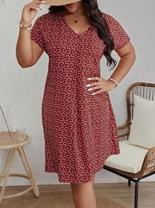 SHEIN VCAY Plus Size Printed Batwing Sleeve Dress, Perfect For Summer Vacation - Burgundy - View 3