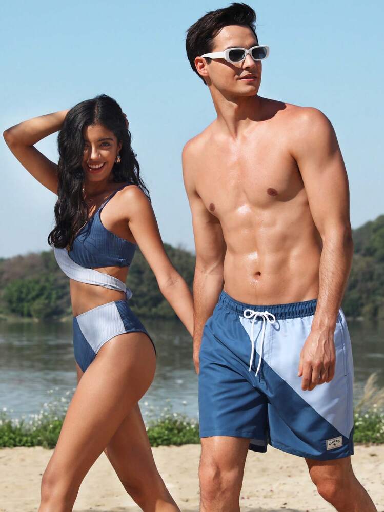 Manfinity VDAYZ 1 pieza Pantalones cortos de playa con cordon en la cintura y bloques de color para parejas a juego, para la playa, vacaciones, hawaianos - Azul - Añade 5