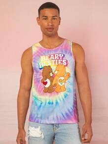 SHEIN X Care Bears Men's Summer Cartoon Fantasy Dopamine Seaside Vacation Care Bear Pattern Rainbow Tie-Dye Fitted Tank Top - Purple - View 4