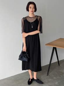 FRIFUL Women Round Neck Short Puff Sleeve Sheer Mesh Top And Black Long Cami Dress Set,Women Two Pieces Sets
