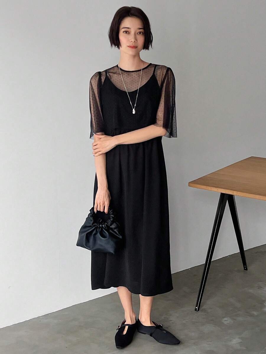 FRIFUL Women Round Neck Short Puff Sleeve Sheer Mesh Top And Black Long Cami Dress Set,Women Two Pieces Sets