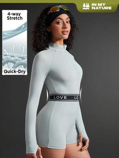 In My Nature Letter Printed Stand Collar Zipper Detail Thumb Hole Slim Fit Jumpsuit