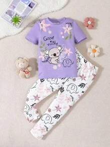 Młoda dziewczyna Prosty i uroczy Liście Koali Drukuj Krótkie rękawy i długie spodnie wokół szyi 2-częściowy obcisły zestaw piżam