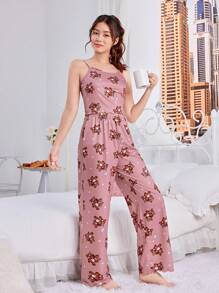 SHEIN Teen Girl Cute Bear Pattern Wedding/Party Cami Vest And Long Pants Flaming Retardant Outfits Set
