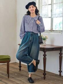 FRIFUL Áo sơ mi nữ dài tay cổ Peter Pan kẻ caro thường ngày - Màu xanh hải quân - Xem 3