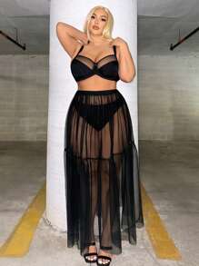 NU&NOW 大码度假夏季欧根纱松紧腰荷叶边下摆半透明半裙 - 黑色 - 查看 4