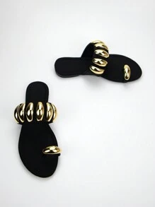 Women Fashionable Black Lycra Fabric Comfortable Flat Sandals With Gold Hardware Buckle Decoration And Round Toe Thong For Daily Wear,Spring Summer Outfits - Black - View 3