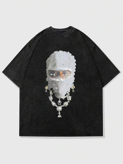 Street Life Men's Balaclava Printed Washed Cracked Ice Short Sleeve T-Shirt, High Street Style, Summer