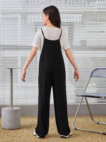 SHEIN 少女休閒針織純色V領肩帶連身褲，適用於春夏季 - 黑色 - 查看 7