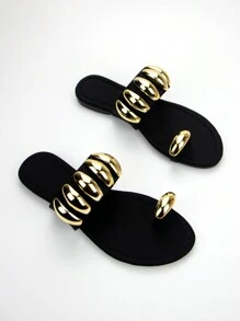 Women Fashionable Black Lycra Fabric Comfortable Flat Sandals With Gold Hardware Buckle Decoration And Round Toe Thong For Daily Wear,Spring Summer Outfits - Black - View 4