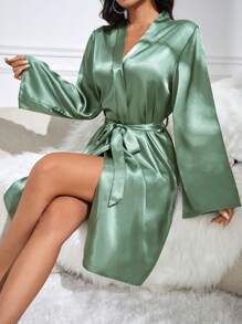 Elegant Embroidery Belted Women Sleepwear Robe For Spring And Summer Luxe Loungewear, Cozy And Elegant Details, Fall & Winter - Mint Green - View 2