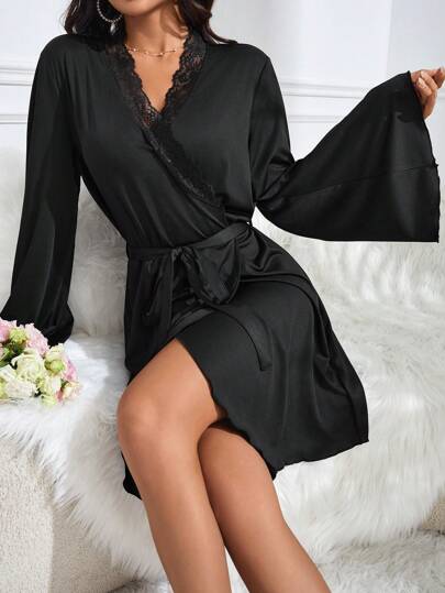 Black Contrast Lace Bell Sleeve Belted Women Robe , Fall Cozy And Elegant Details