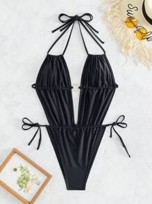Swim SXY 女士純色深V領吊帶性感泳衣，度假必備 - 黑色 - 查看 3
