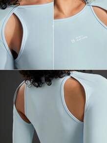 In My Nature Women's Letter Print Hollow Out Slim Fit Cropped Outdoor T-Shirt - Blue - View 8