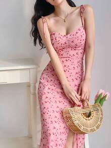 Summer Casual Ditsy Floral V-Neck Sleeveless A-Line Dress With Side Slit - Pink - View 4