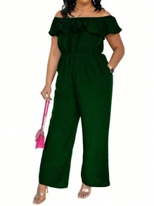 SHEIN Clasi Plus Size Women Summer Solid Color Ruffle Edge Jumpsuit With Off Shoulder, Pockets, And Wide Legs - Green - View 1