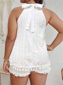 SHEIN Clasi Plus Size Hollow Out Embroidered Sleeveless Shirt With Tassel Hem - White - View 2