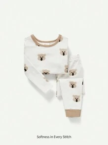 Cozy Pixies 嬰兒男孩貼身貼身睡衣套裝，卡通考拉形狀圓領長袖上衣和褲子 - 卡其色 - 查看 1