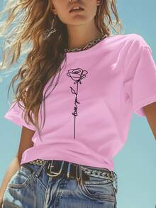 SHEIN Qutie Của phụ nữ Mùa hè In Hoa hồng Phù hợp thường Lỏng lẻo Ngắn tay Vòng cổ Áo thun - Hồng - Xem 6