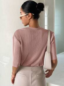 DAZY Women T-Shirts Rib-Knit Plain Casual - Dusty Pink - View 2